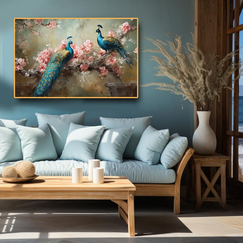 Rose Garden Parade Canvas Painting of Two Peacocks Amidst a Bountiful Bed of Pink Roses (36 x 24 Inches)