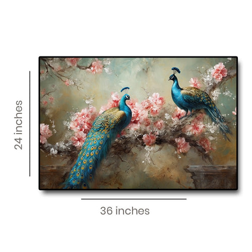 Rose Garden Parade Canvas Painting of Two Peacocks Amidst a Bountiful Bed of Pink Roses (36 x 24 Inches)