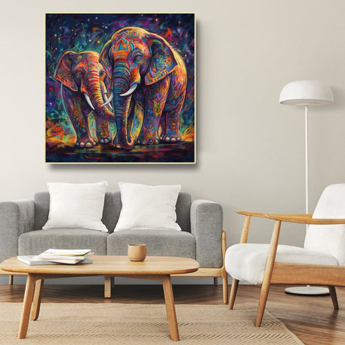 The Bond Canvas Painting of Two Magnificent Elephants (36 x 36 Inches)
