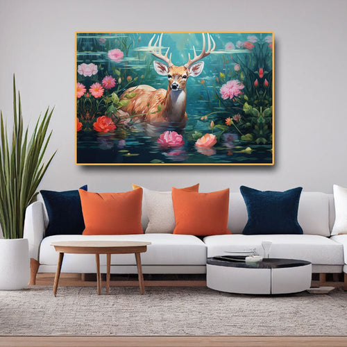Tranquil Reflections: Swamp Deer in the Flowered Pond Canvas Wall Art (36 x 24 Inches)