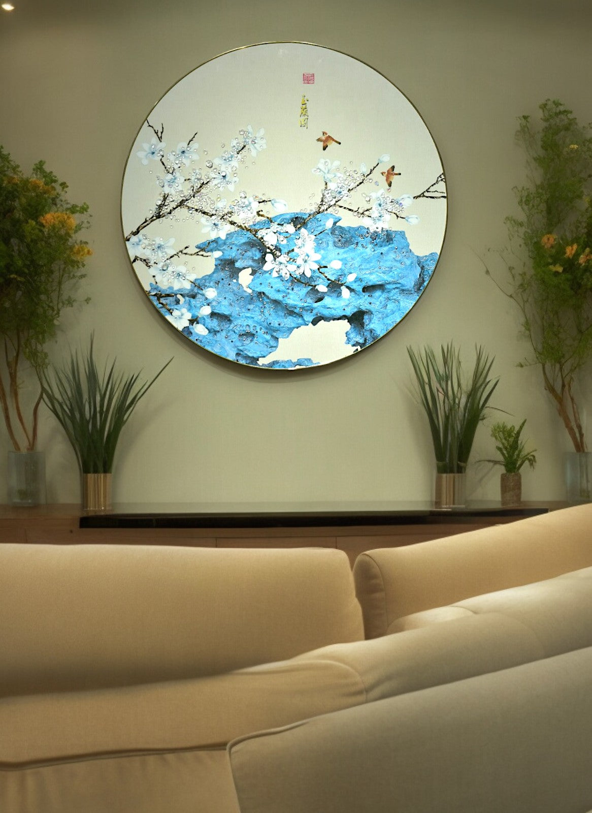 The Frosted Blossoms Crystal Glass Painting (60 x 60 Cm)