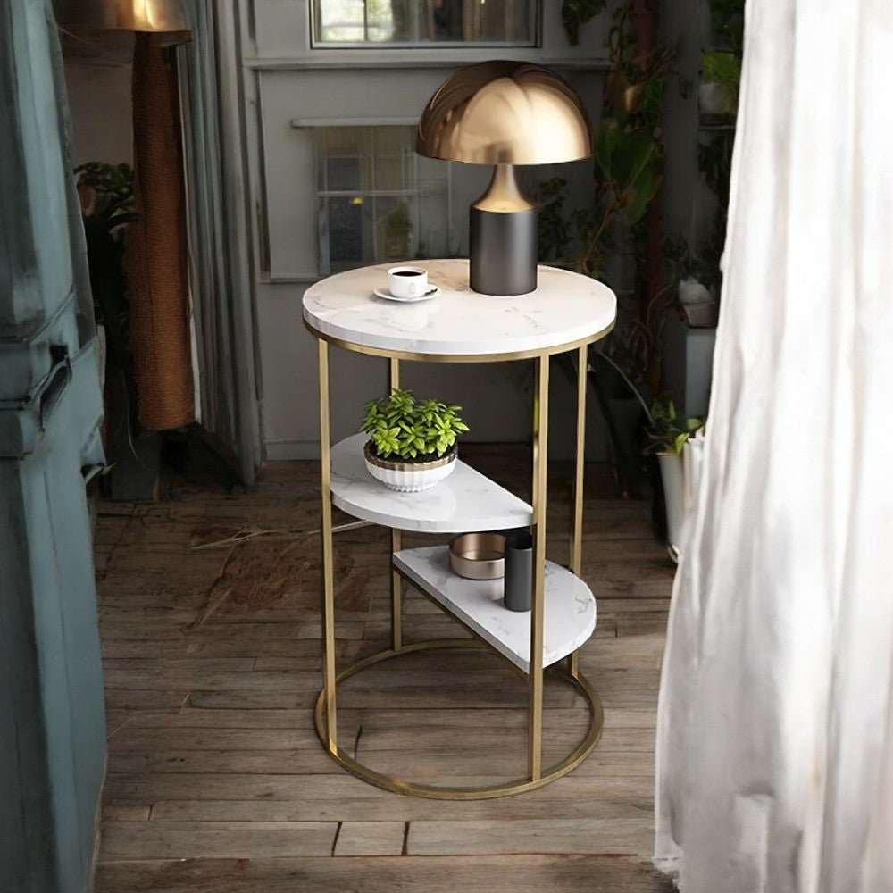 3 Tier White and Gold Marble Top Shelf style Metal Side Table