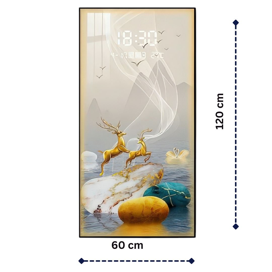 Abstract River Stone & Wildlife LED Clock Wall Decor with Golden Deer & Swans (60 x 90 CM)