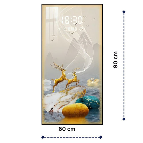 Abstract River Stone & Wildlife LED Clock Wall Decor with Golden Deer & Swans (60 x 90 CM)