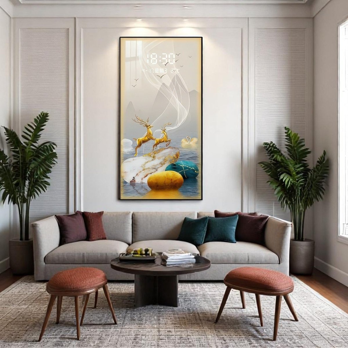 Abstract River Stone & Wildlife LED Clock Wall Decor with Golden Deer & Swans (60 x 90 CM)