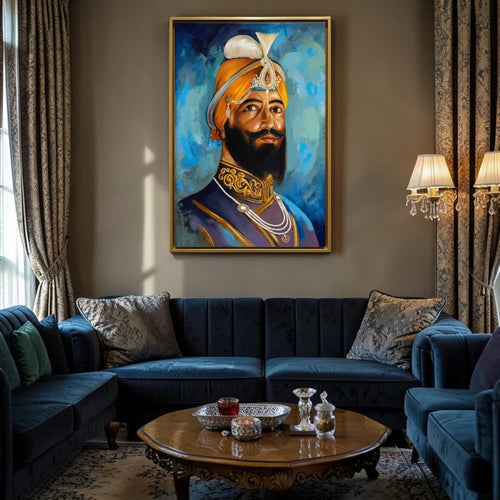 Anandpur’s Vision: Divine Guru Gobind Singh Ji Spiritual Painting (24 x 36 Inches)