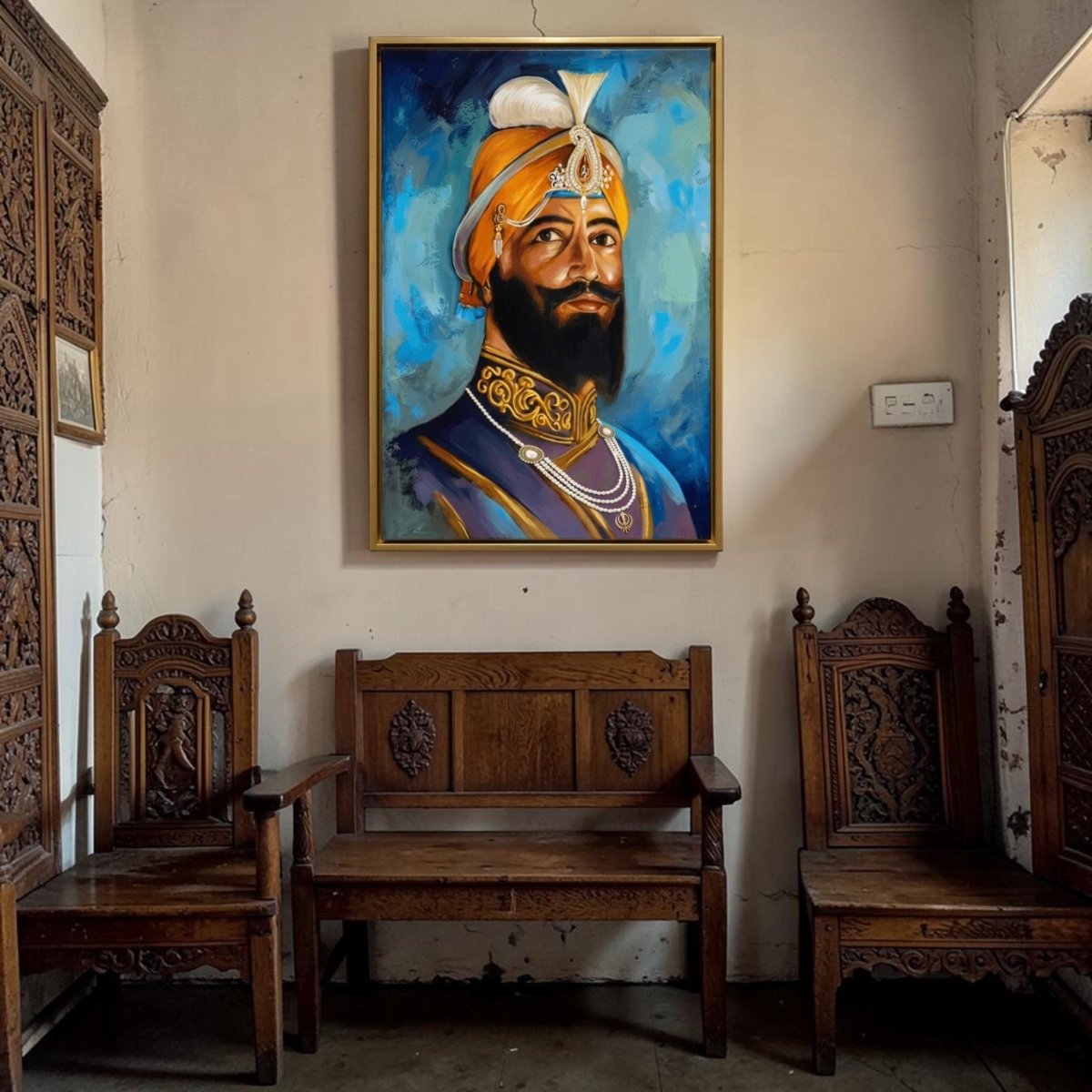 Anandpur’s Vision: Divine Guru Gobind Singh Ji Spiritual Painting (24 x 36 Inches)