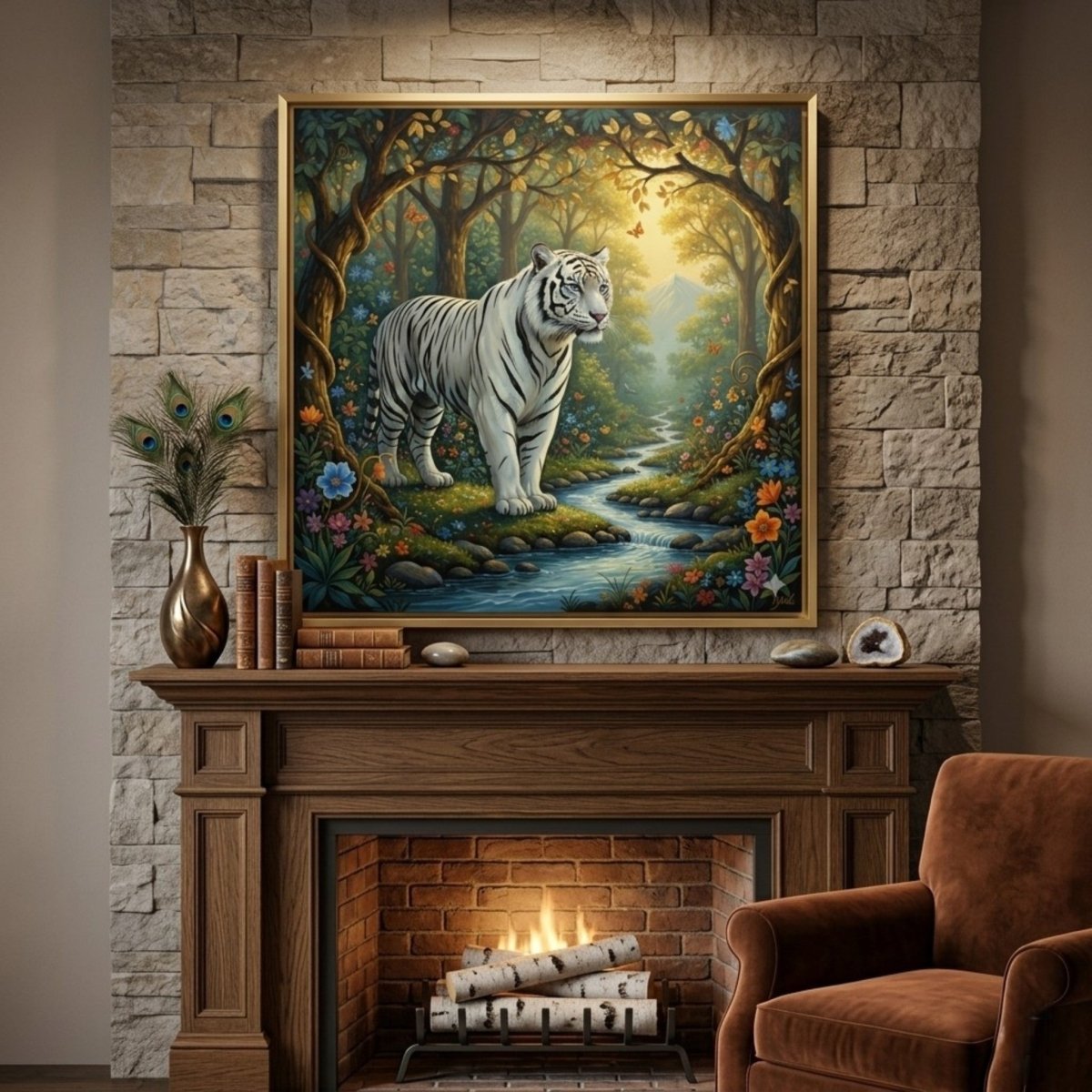 Ananta Prakriti: The Eternal White Tiger of the Hidden Valley (36 x 36 Inches)