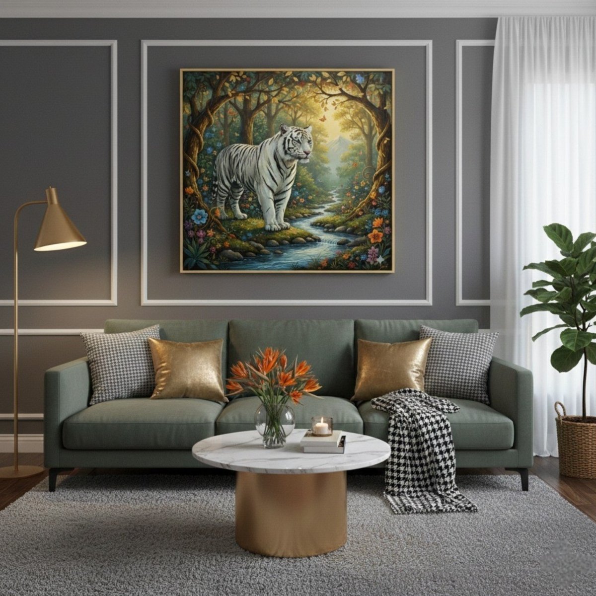 Ananta Prakriti: The Eternal White Tiger of the Hidden Valley (36 x 36 Inches)
