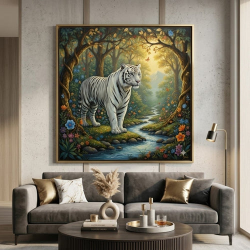 Ananta Prakriti: The Eternal White Tiger of the Hidden Valley (36 x 36 Inches)
