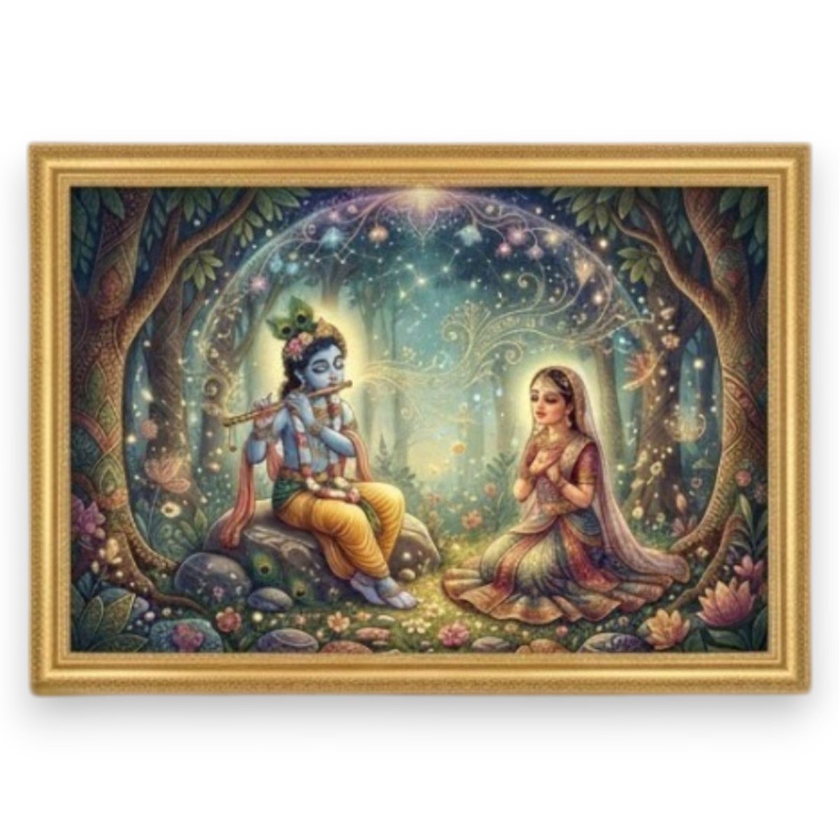 Aura of Devotion: Radha Krishna Spiritual Painting with Lotus Motifs (36 x 24 Inches)