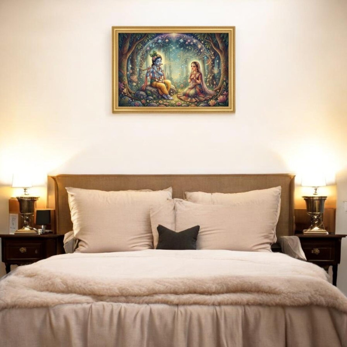 Aura of Devotion: Radha Krishna Spiritual Painting with Lotus Motifs (36 x 24 Inches)