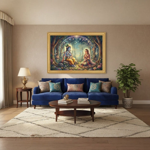Aura of Devotion: Radha Krishna Spiritual Painting with Lotus Motifs (36 x 24 Inches)