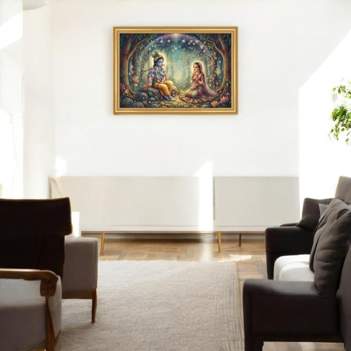 Aura of Devotion: Radha Krishna Spiritual Painting with Lotus Motifs (36 x 24 Inches)