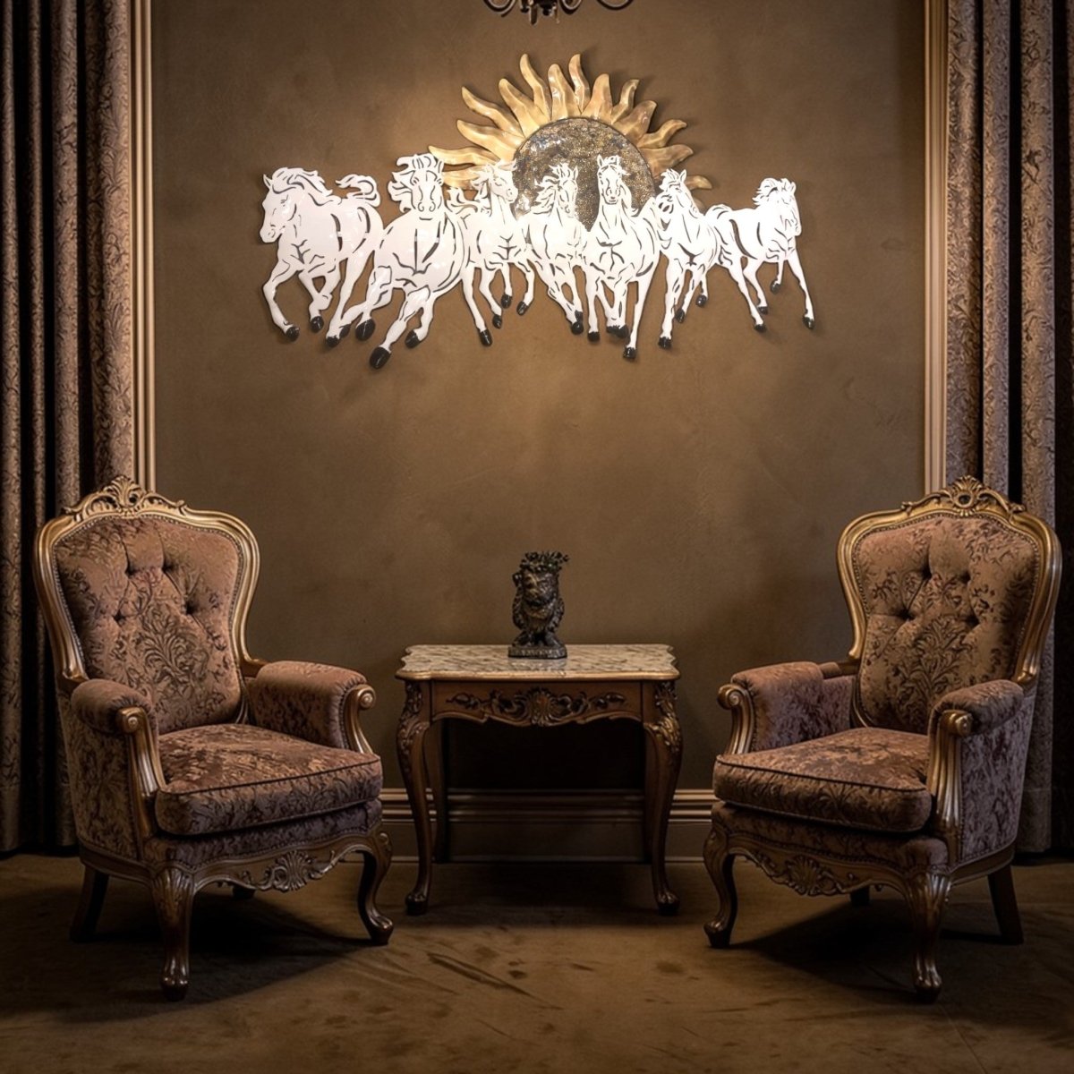 Big wall coverage Backlit 7 White Horses with Sun (55 x 34 Inches)
