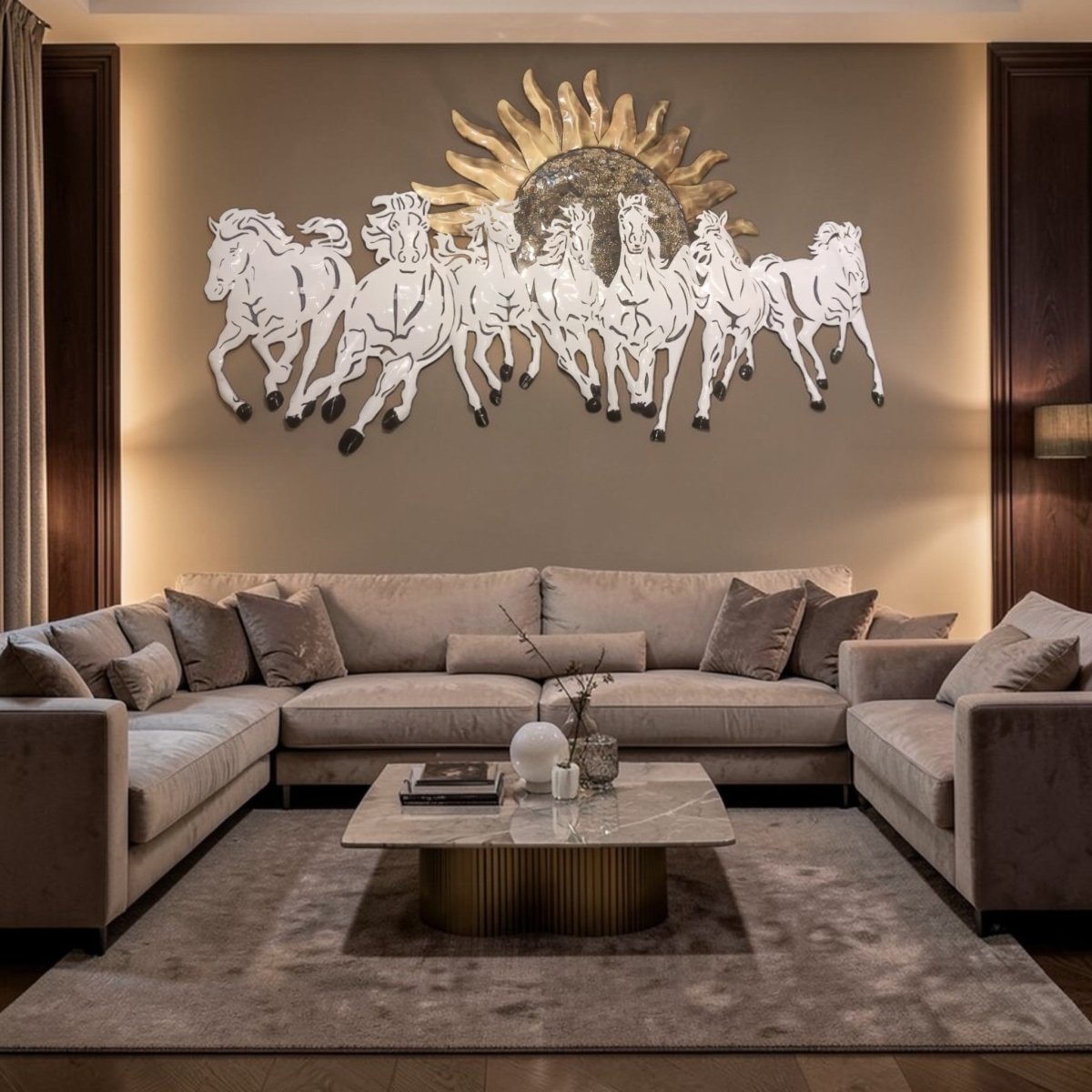 Big wall coverage Backlit 7 White Horses with Sun (55 x 34 Inches)