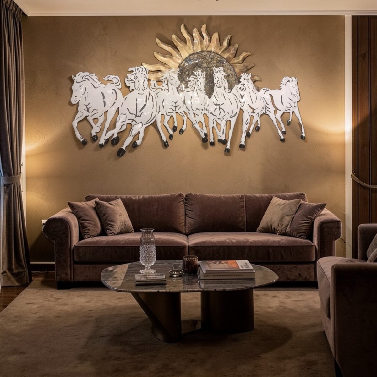 Big wall coverage Backlit 7 White Horses with Sun (55 x 34 Inches)