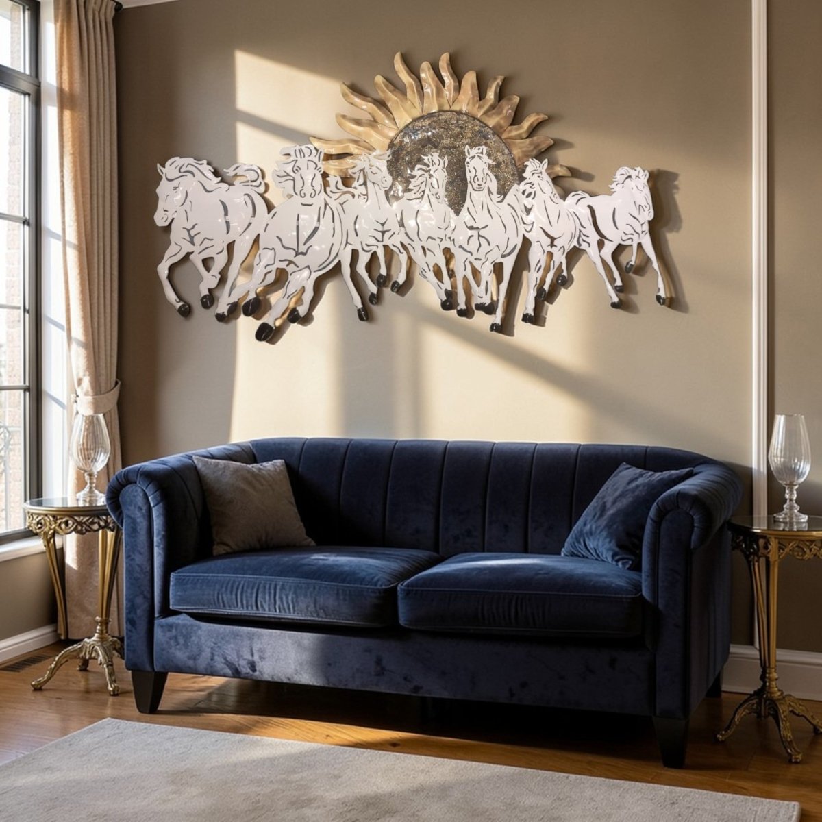 Big wall coverage Backlit 7 White Horses with Sun (55 x 34 Inches)