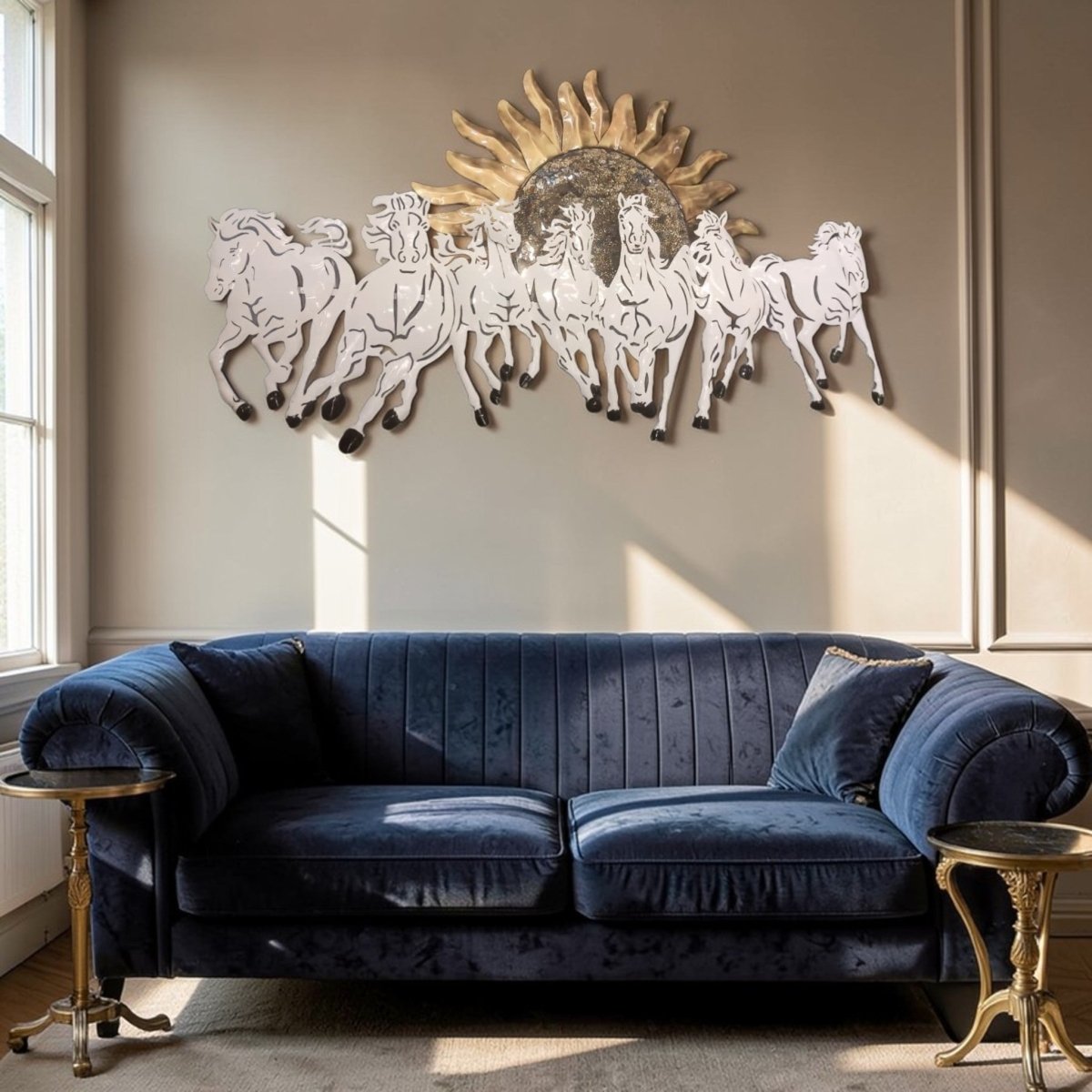 Big wall coverage Backlit 7 White Horses with Sun (55 x 34 Inches)