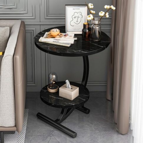 Black Marble Side Table and Chessboard Decor