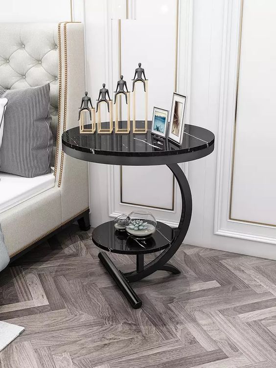 Black Marble Side Table and Chessboard Decor