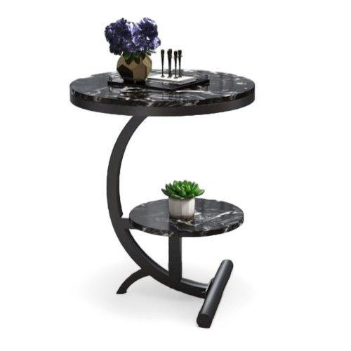 Black Marble Side Table and Chessboard Decor