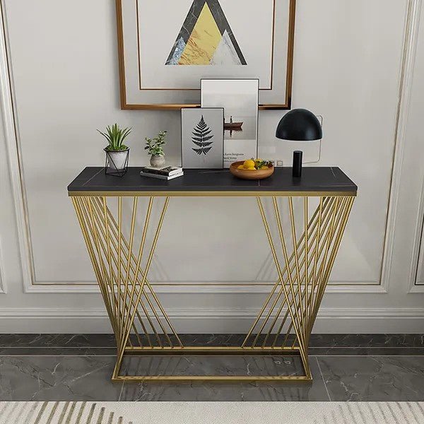 Black Marble Top Console Table with Gold Metal Frame