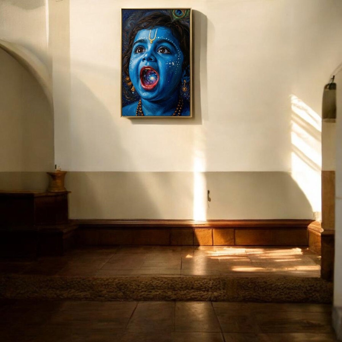 Brahmand in a Bite: Little Krishna’s Infinite Mouth Canvas (24 x 36 Inches)