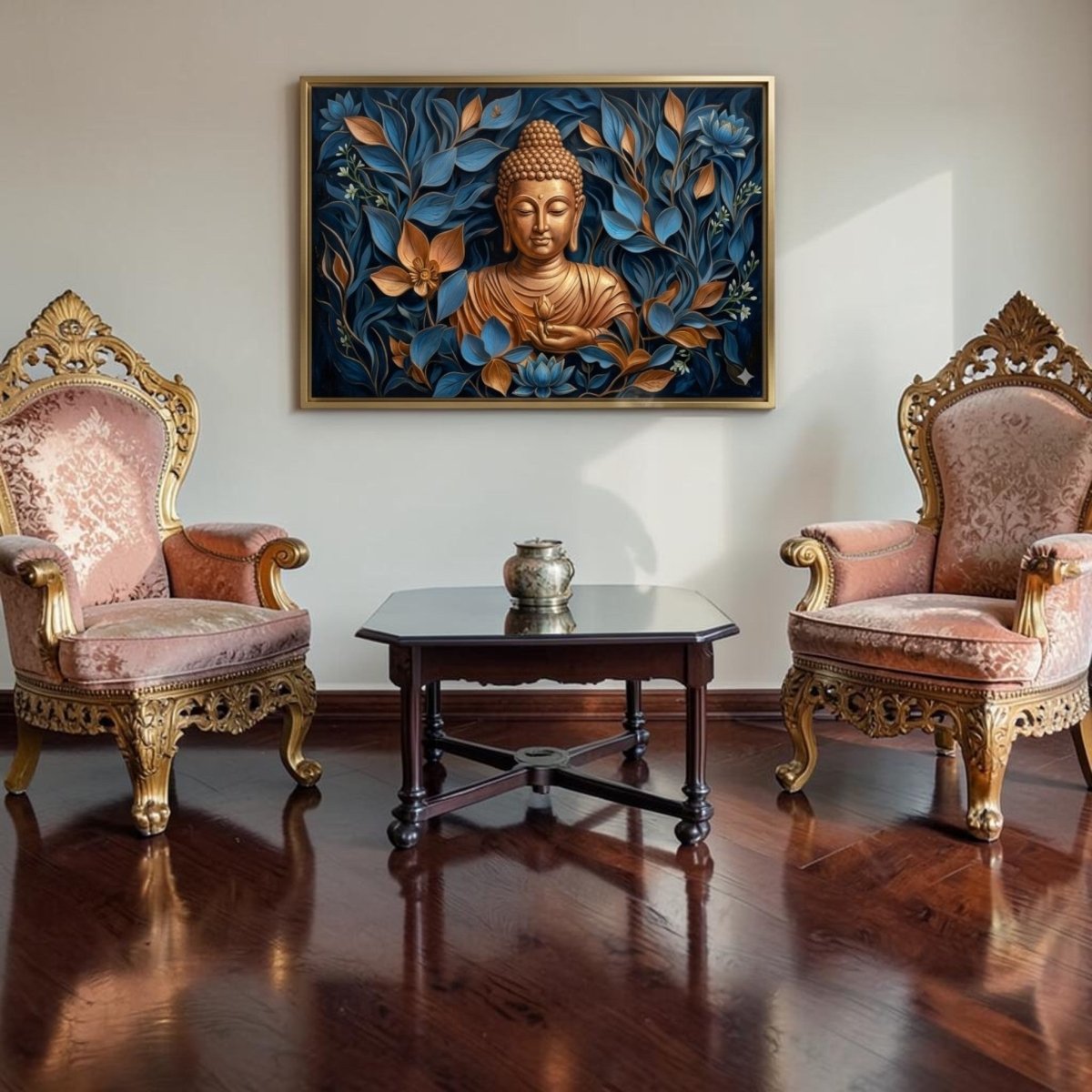 Buddha's Dhyana Mudra: The Golden Buddha in the Indigo Forest (36 x 24 Inches)