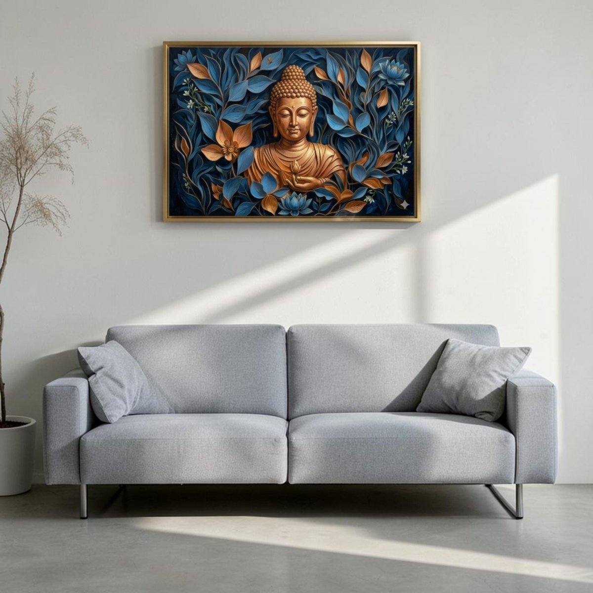 Buddha's Dhyana Mudra: The Golden Buddha in the Indigo Forest (36 x 24 Inches)
