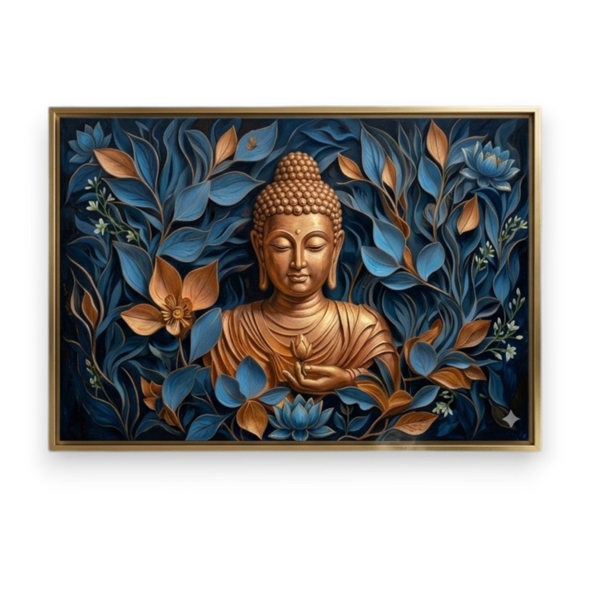Buddha's Dhyana Mudra: The Golden Buddha in the Indigo Forest (36 x 24 Inches)