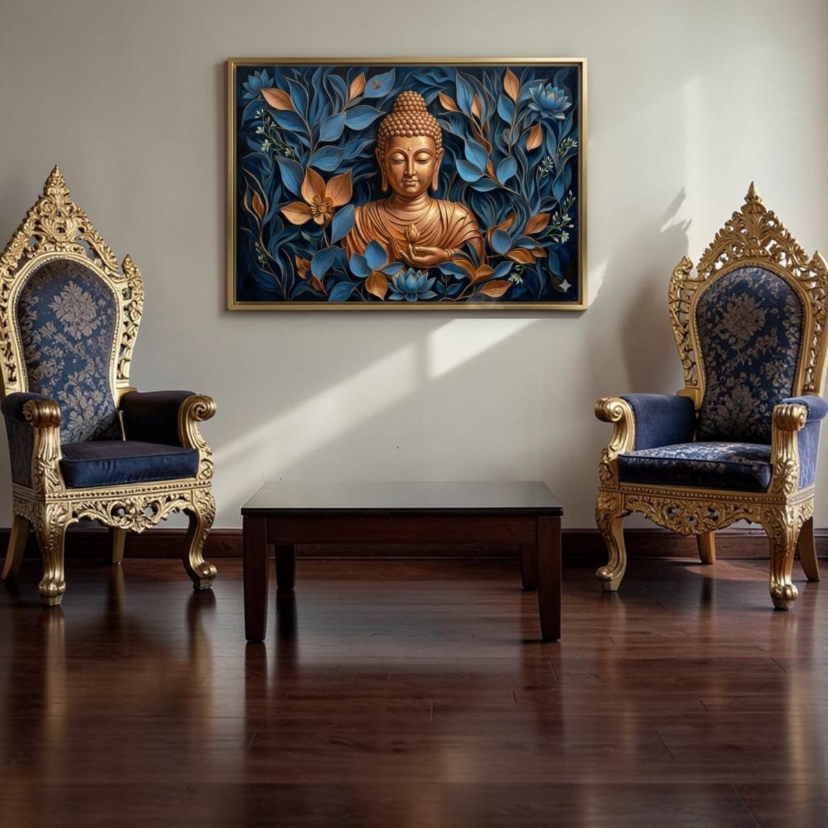 Buddha's Dhyana Mudra: The Golden Buddha in the Indigo Forest (36 x 24 Inches)