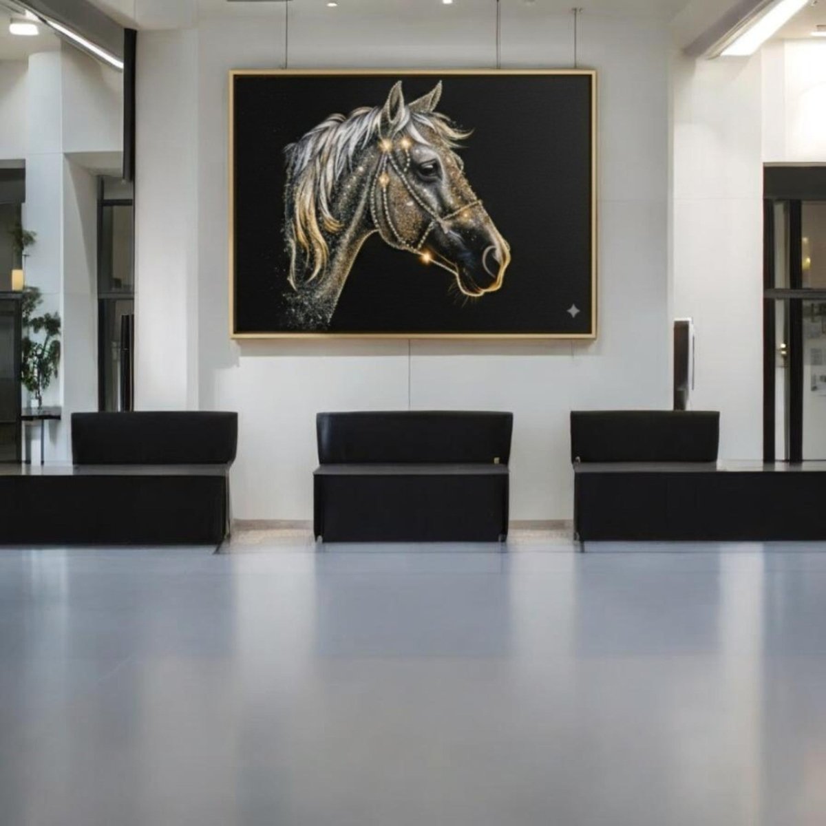 Celestial Stallion: Shimmering Gold & Silver Horse Canvas (36 x 24 Inches)