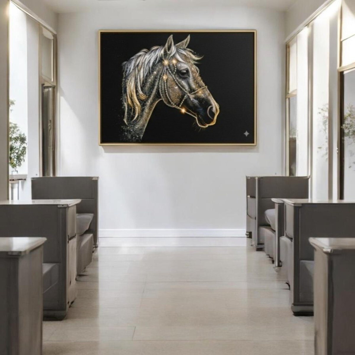 Celestial Stallion: Shimmering Gold & Silver Horse Canvas (36 x 24 Inches)
