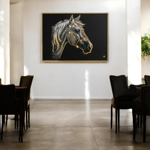 Celestial Stallion: Shimmering Gold & Silver Horse Canvas (36 x 24 Inches)