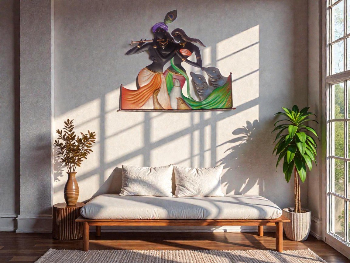 Celestial Union: Traditional Radha Krishna and Kamdhenu Wall Hanging (24 x 24 Inches)