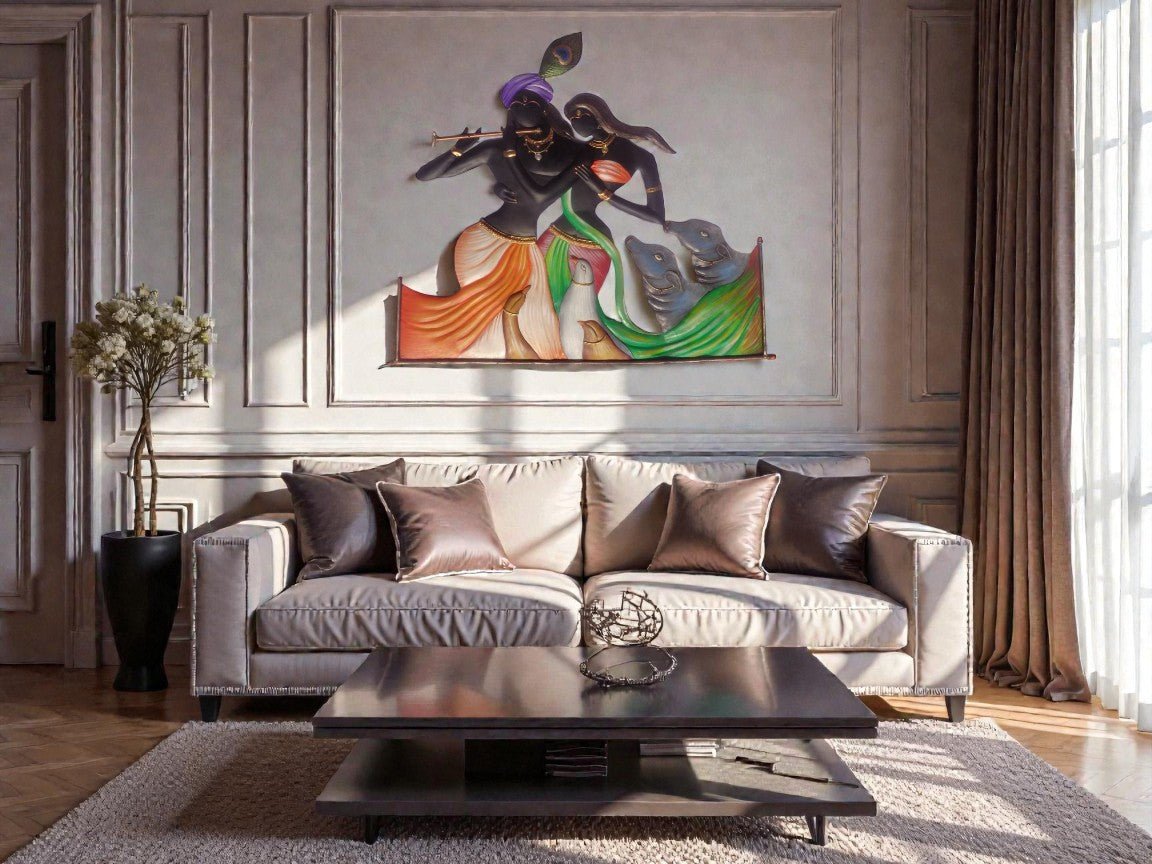 Celestial Union: Traditional Radha Krishna and Kamdhenu Wall Hanging (24 x 24 Inches)