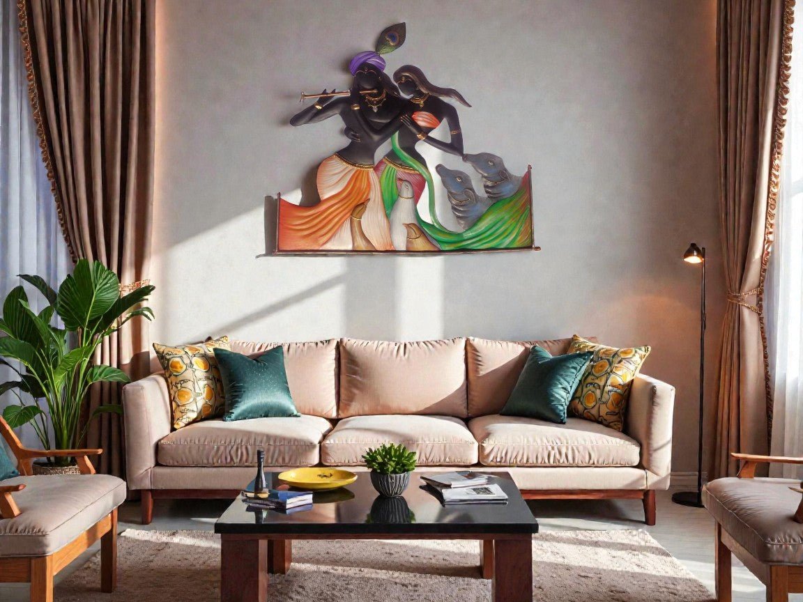 Celestial Union: Traditional Radha Krishna and Kamdhenu Wall Hanging (24 x 24 Inches)