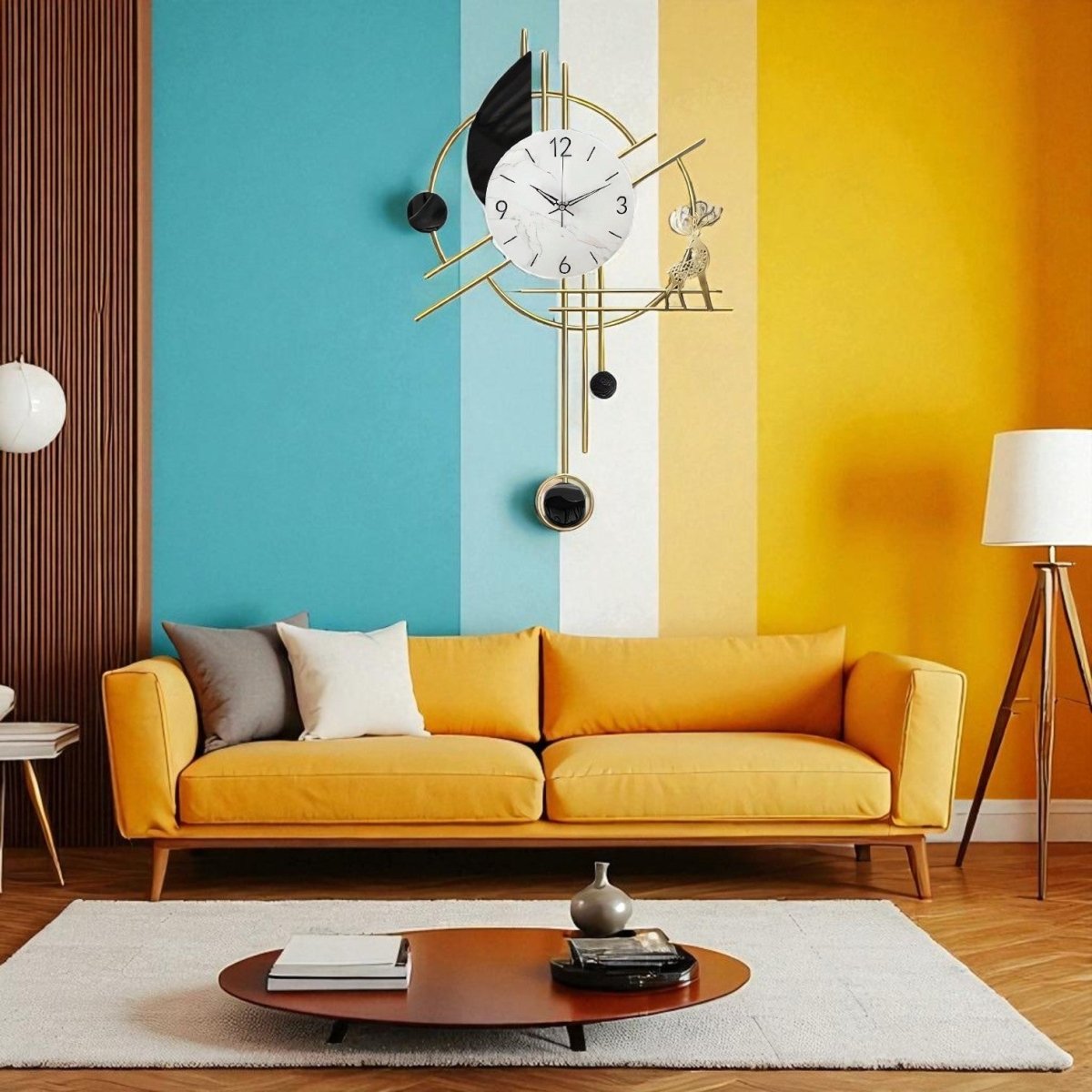Chic Geometric Wall Clock Featuring Deer and Lunar Elements (30.7 x 18.8 Inches)