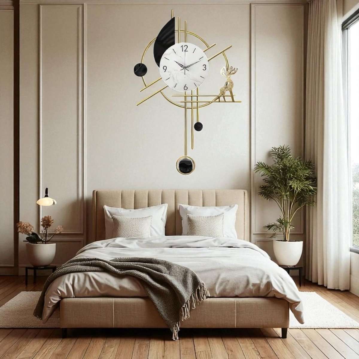 Chic Geometric Wall Clock Featuring Deer and Lunar Elements (30.7 x 18.8 Inches)