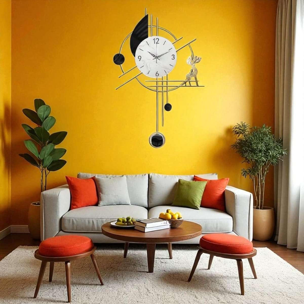 Chic Geometric Wall Clock Featuring Deer and Lunar Elements (30.7 x 18.8 Inches)