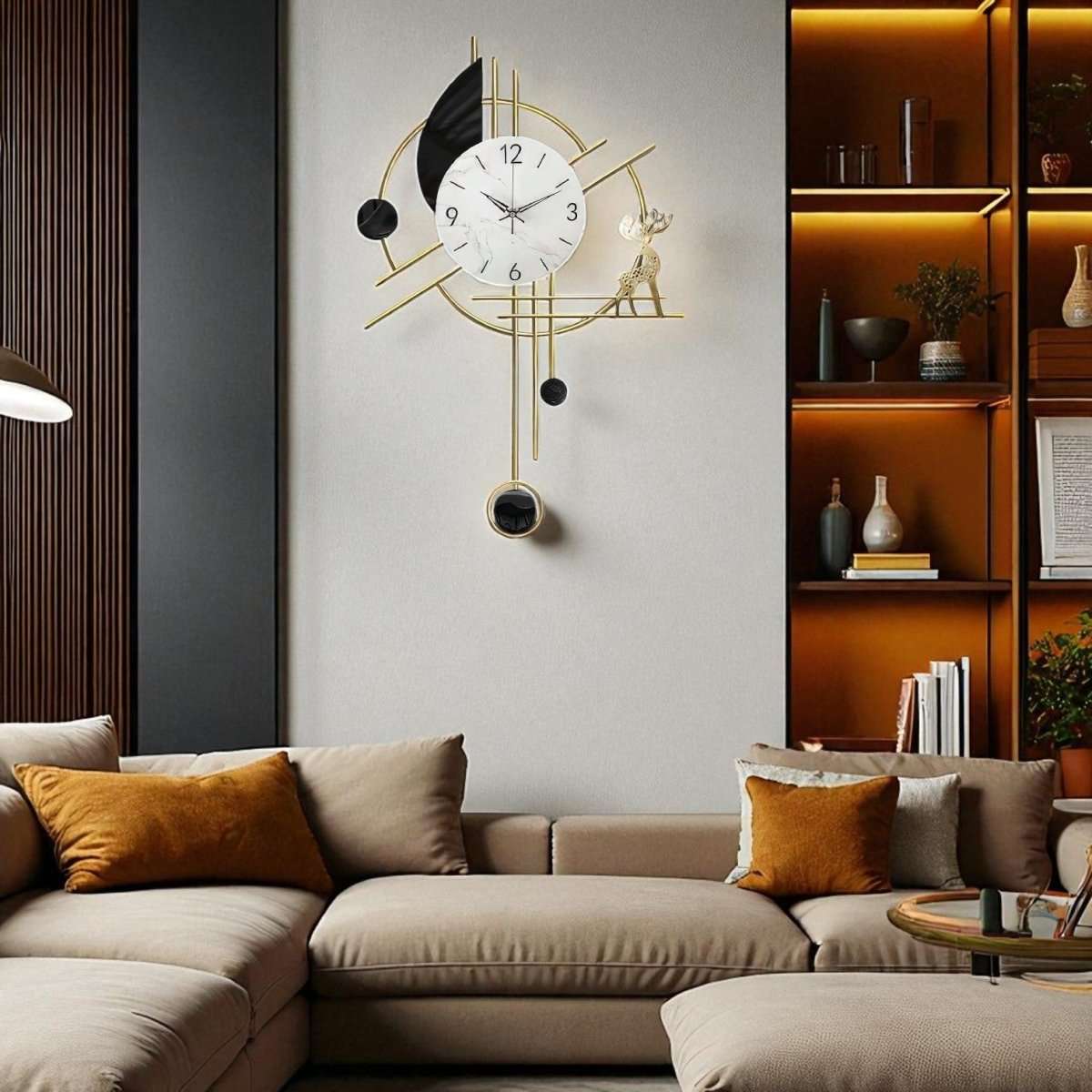 Chic Geometric Wall Clock Featuring Deer and Lunar Elements (30.7 x 18.8 Inches)