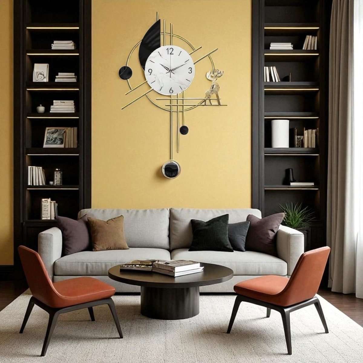Chic Geometric Wall Clock Featuring Deer and Lunar Elements (30.7 x 18.8 Inches)