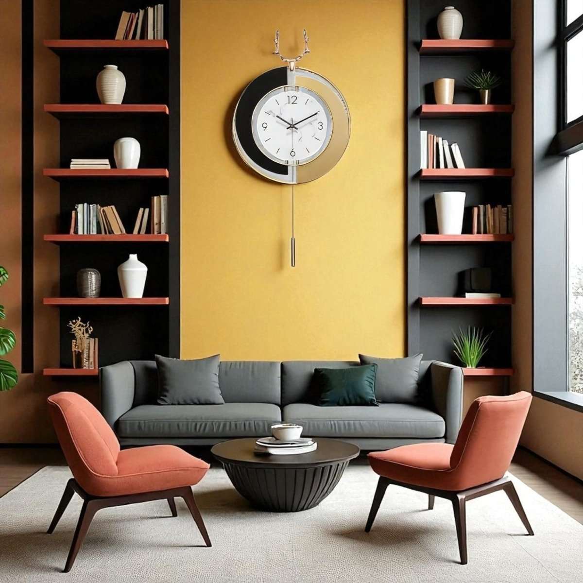 Chic Gold & Black Deer Pendulum Clock (29.5 x 14.9 Inches)