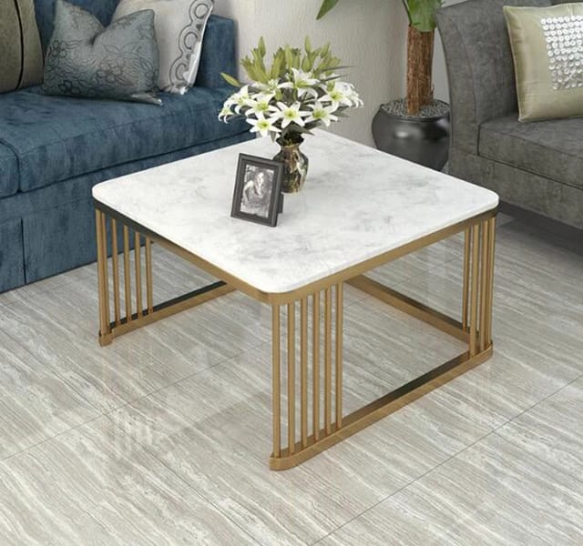 Chic Nesting Tables: Square Golden Metal Frame with Marble Tops