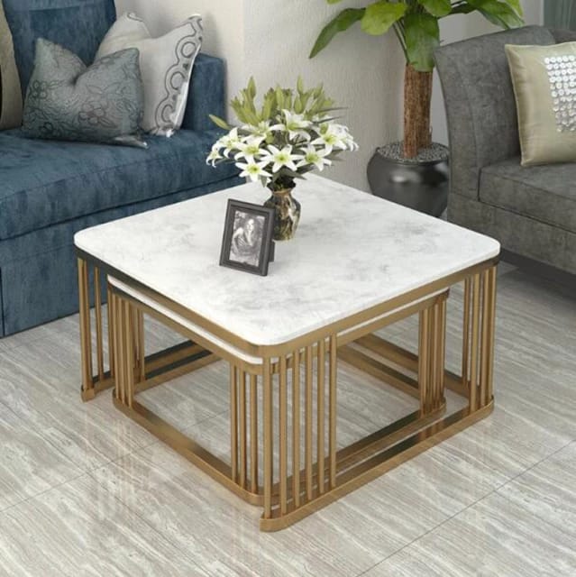 Chic Nesting Tables: Square Golden Metal Frame with Marble Tops