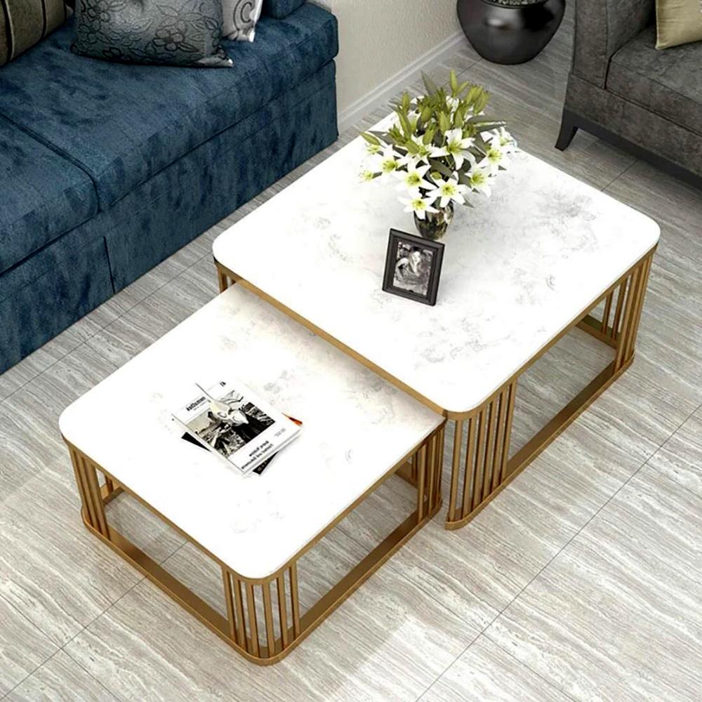 Chic Nesting Tables: Square Golden Metal Frame with Marble Tops