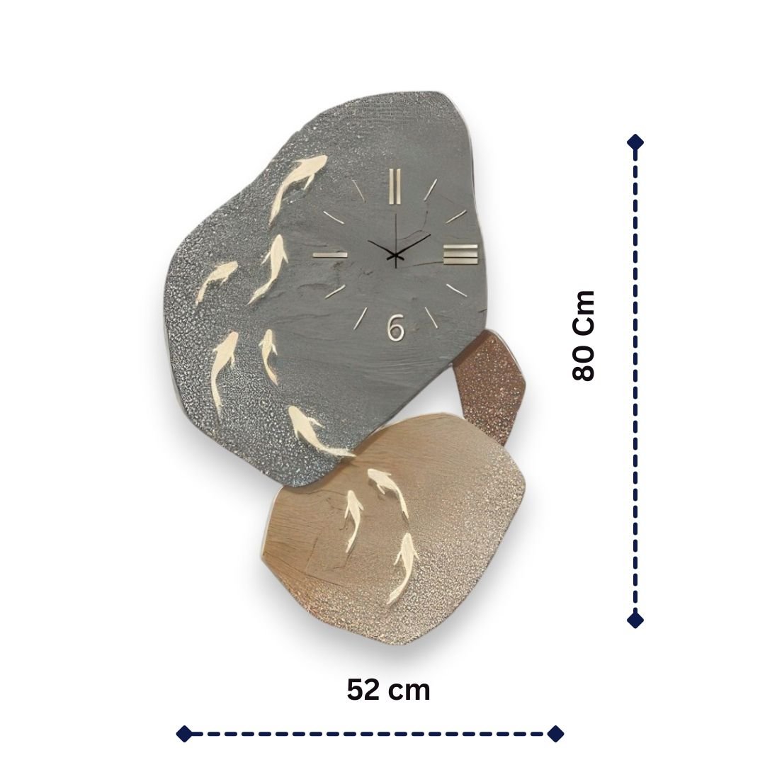 Contemporary Pebble & Fish Wall Art Clock - Nature - Inspired Timepiece (52 x 80 CM)