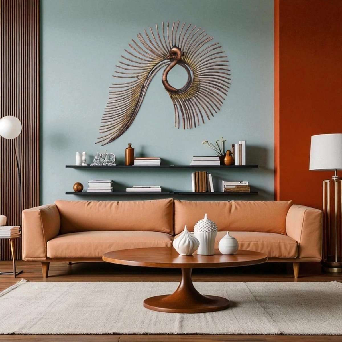 Contemporary Pipe Peacock Metal Wall Hanging with LED (55 x 27 Inches)