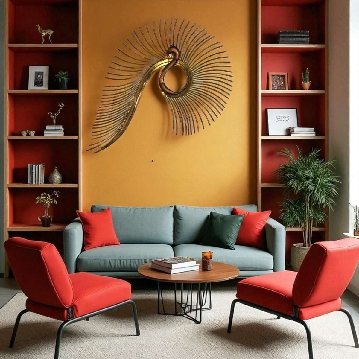 Contemporary Pipe Peacock Metal Wall Hanging with LED (55 x 27 Inches)